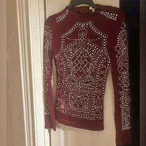 New Womens Love J  Mesh Burgundy Studded Top Shirt Long Sleeve Size M NWT